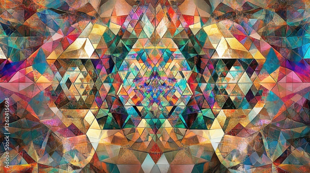 Poster interconnected triangles and polygons, filled with vibrant hues and patterns, exploring the balance 