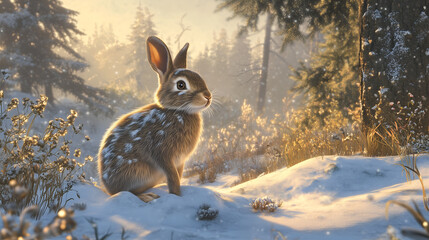 Rabbit exploring a melting snowfield with budding trees