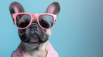 Studio 3/4 profile portrait of a happy bulldog wearing a dapper pink pinstripe suit and stylish shades, set against a flat pastel blue background, with soft lighting and realistic fur textures