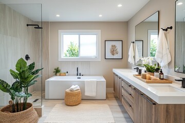 Modern bathroom design with natural elements featuring a soaking tub and stylish fixtures in a serene setting