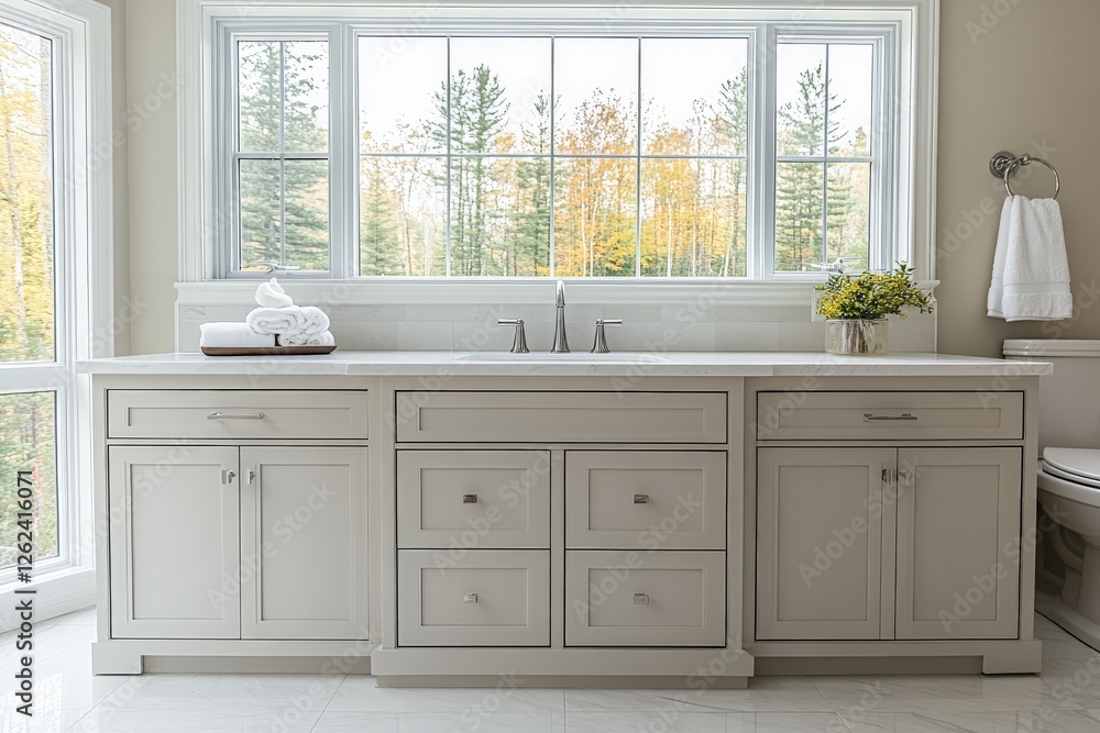 Poster elegant bathroom vanity with ample storage and natural light in a serene setting