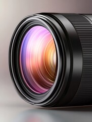 Close-up view of a camera lens showcasing vibrant color and reflections with a blurred background
