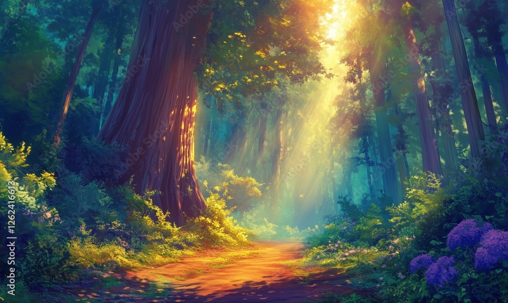 Poster serene forest path illuminated by sunlight filtering through tall trees