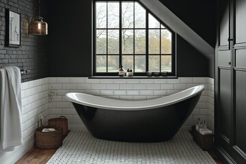 Elegant black bathtub in a modern bathroom with large window view of nature