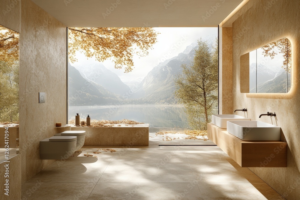 Poster modern bathroom design with a stunning lake view and autumn scenery creating a serene atmosphere