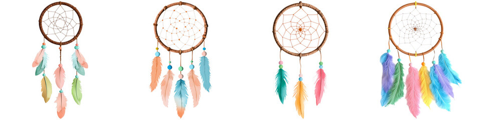 Manifest vision and watercolor, A series of colorful dreamcatchers featuring intricate designs and vibrant feathers, each with unique color patterns.