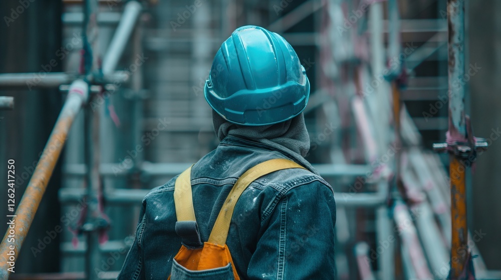 Poster hardhat worker inspecting scaffolding at construction site image. hard hat engineer at building fram