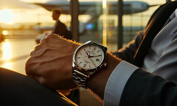 Businessman checking the time on a watch while waiting at the airport during sunset