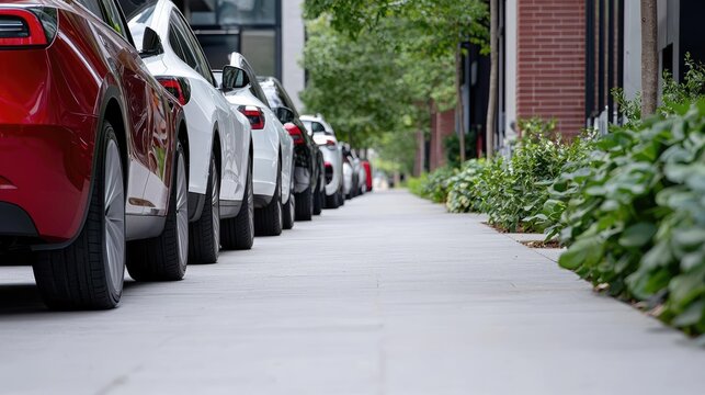Modern cars parked in a row along a clean city sidewalk next to green plants during the day.