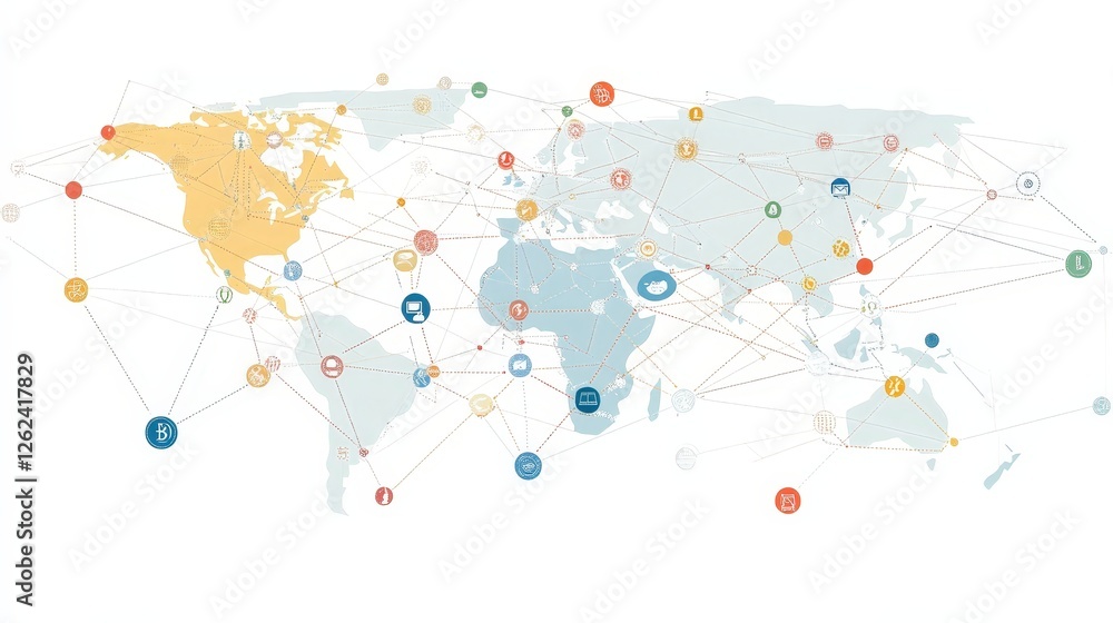 Poster a global network diagram showing the interconnected nodes of blockchain technology, supporting the t