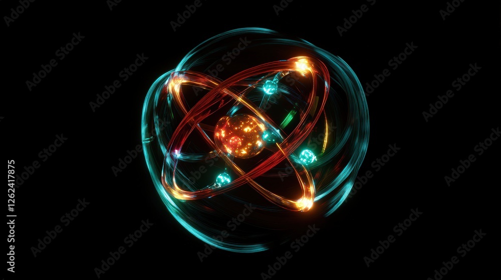 Poster a glowing atomic model where neutrons, protons, and electrons interact in a dynamic system.