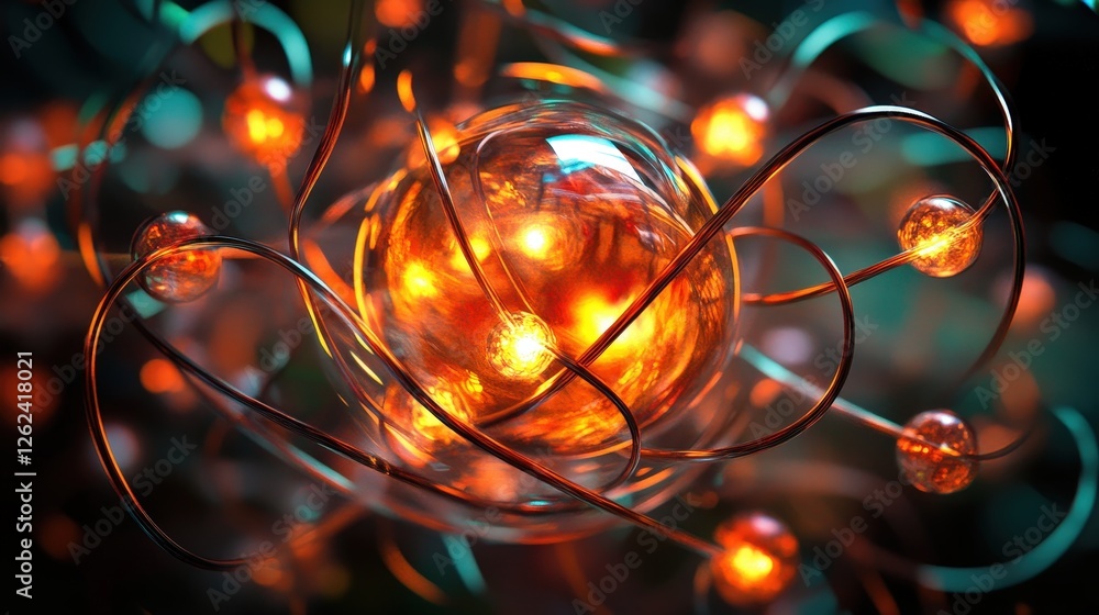 Aufkleber a glowing atomic model where neutrons, protons, and electrons interact in a dynamic system.