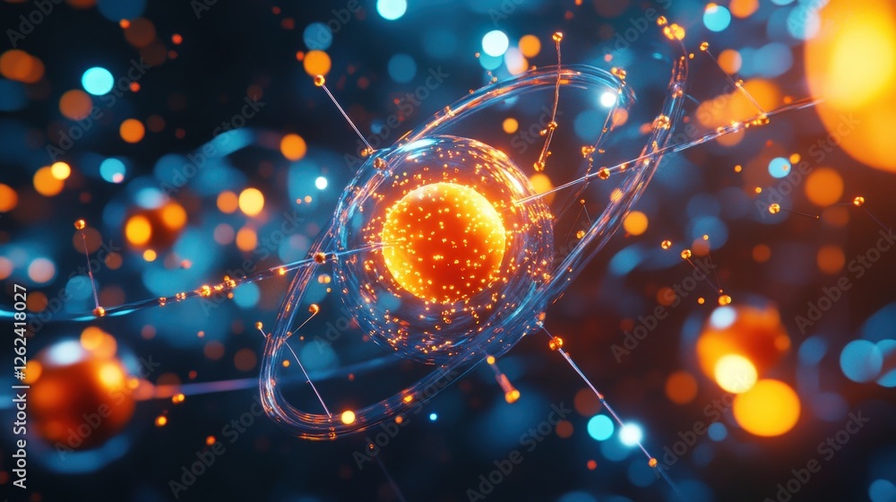Poster a glowing atomic model where neutrons, protons, and electrons interact in a dynamic system.