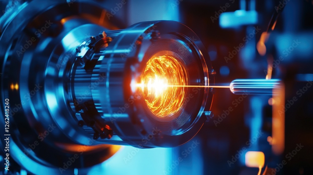Poster a glowing electron being accelerated in a particle accelerator for research in physics.