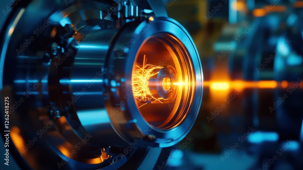 Poster a glowing electron being accelerated in a particle accelerator for research in physics.