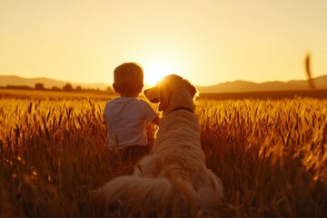 A child and dog enjoying golden hour in a wheat field, for nature and friendship themes
