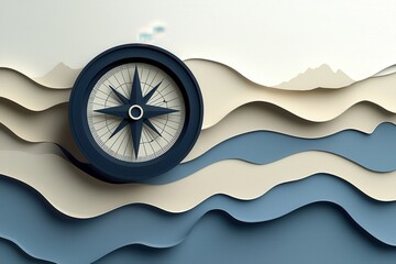 Compass on Abstract Wavy Landscape - Direction, Guidance, and Exploration Concept