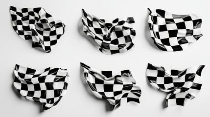 Set of vector black and white checkered flags used in motor sport with six different crossed designs and six single flags showing different waving motions of the textile
