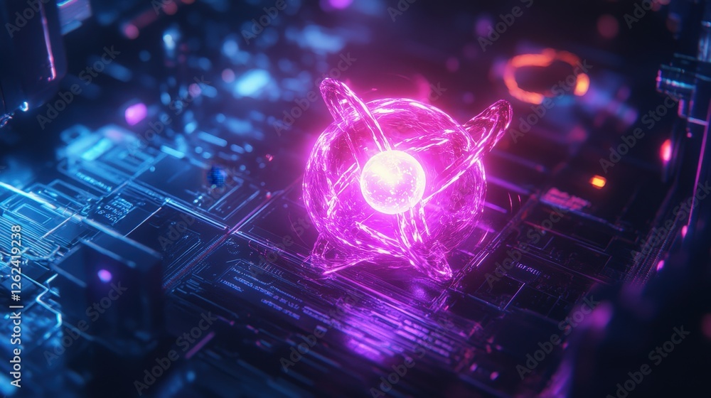 Poster a glowing neutron particle alongside other subatomic particles like protons and electrons in a resea