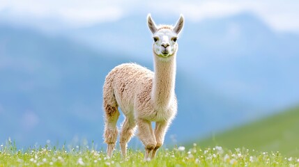 Fototapeta premium Young Llama in a Meadow, Sunny Day, Mountain Background, Stock Photo