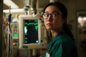 Worried doctor in green scrubs looks back at her patient?s monitor in the hospital