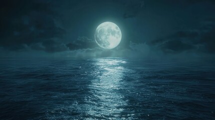 Fototapeta premium Full moon illuminating the ocean waters under a dark night sky with scattered clouds