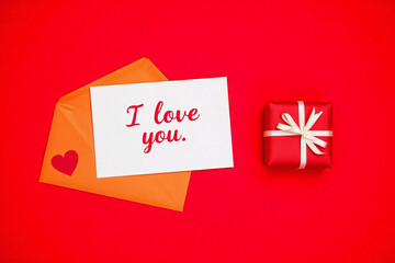 Red bg small gift box white card I love you red envelope red ribbon bow romantic