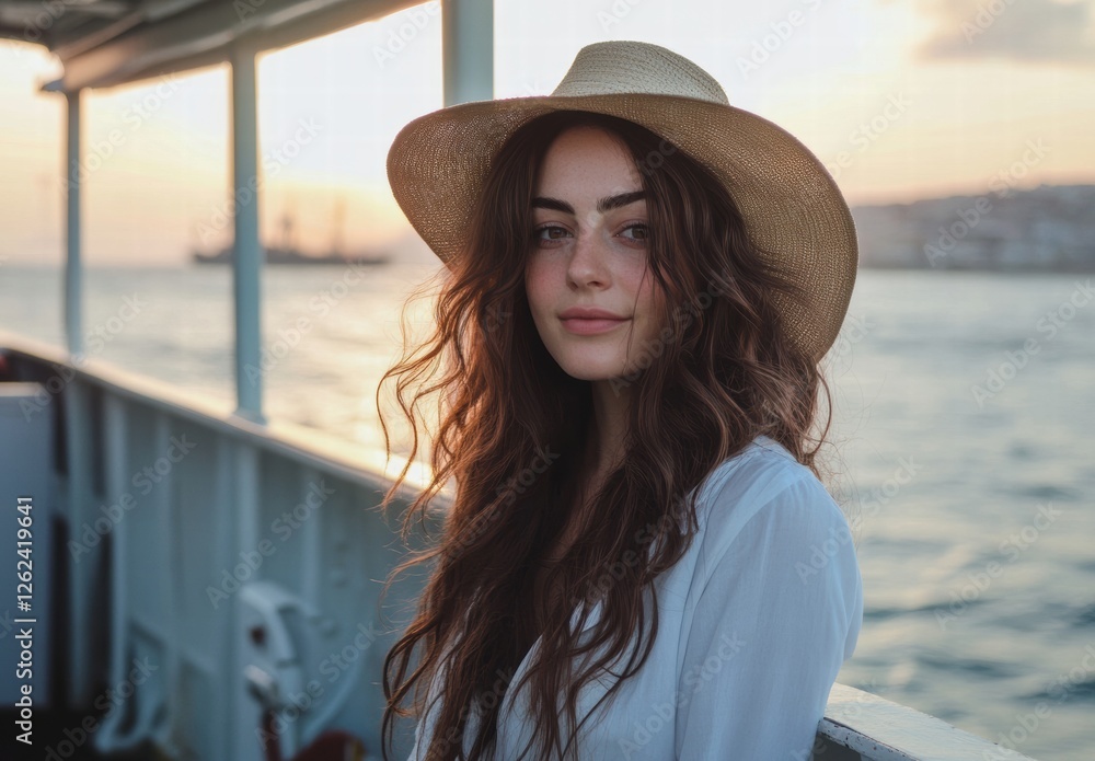 Wall mural A woman with long brown hair is wearing a straw hat and standing on a boat