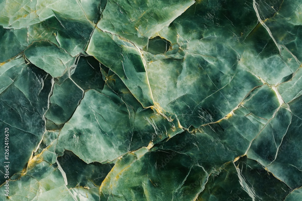 Poster close-up of a seamless green rutilated marble texture with intricate veining and patterns.