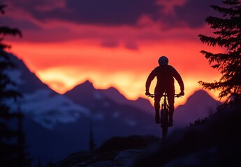 Fototapeta premium A man is riding a bike in the mountains at sunset
