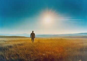 A man is walking in a field with a bright sun in the background