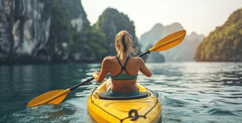 A woman in a yellow kayak paddles down a river