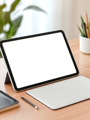 Modern workspace featuring a blank tablet on a wooden desk with stationery and plants in the background