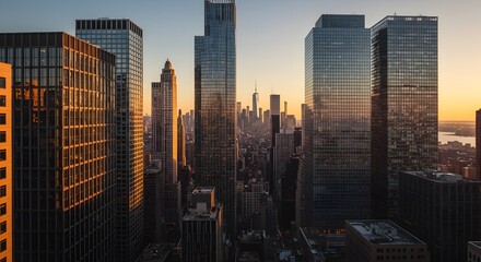 Obraz premium Dramatic Cityscape View of City at Golden Hour Sunset