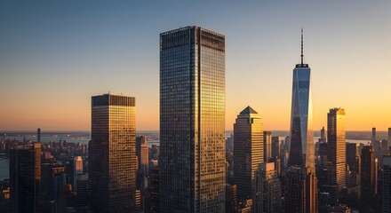 Fototapeta premium City Skyline at Sunset with Golden Light on Skyscrapers