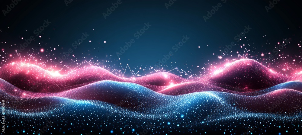 Poster abstract technology background. big data visualization. 3d wavy surface with glowing particles.