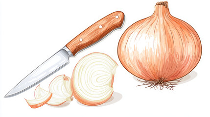 Onion slicing cut for food cooking and preparation process, vector icon. Onion cutting with knife, salad or food preparation utensil and kitchenware equipment for cooking process pictogram
