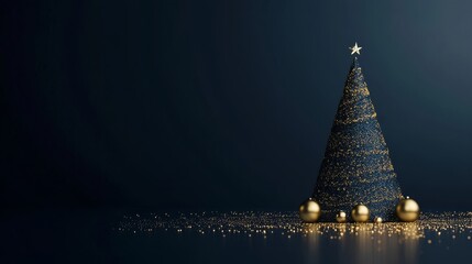 Decorative Christmas tree with shimmering gold accents and sparkles on a dark background