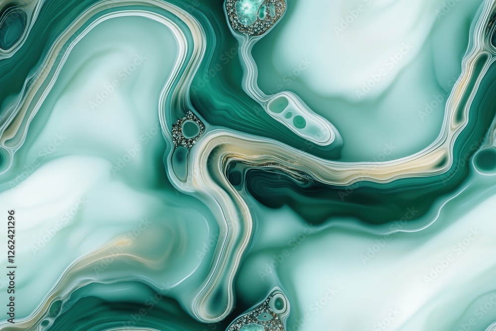 Poster an abstract seamless kambaba jasper fluid art design featuring swirling shades of teal, green, and h