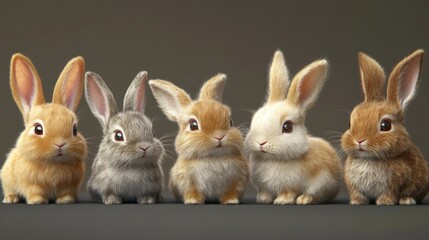 Fototapeta premium Group of cute rabbits sitting in a row with fluffy fur and expressive faces in a neutral background during daylight