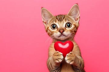 Egyptian mau - my preferred cat. Promotion concept art pattern. Cute egyptian mau kitten cub with critter toy red heart - sign of love, funny greeting card. Romantic valentine poster.
