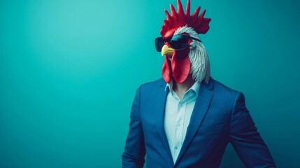 Man in a suit with a rooster mask and sunglasses poses against a blue background showcasing an unconventional fashion statement