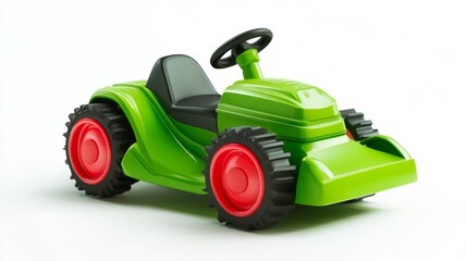Obraz premium Bright green toy tractor with red wheels designed for children in a playful setting indoors