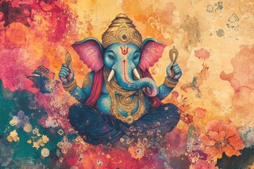 Obraz premium Vibrant depiction of Lord Ganesha in colorful floral design, representing wisdom and prosperity in Hindu culture