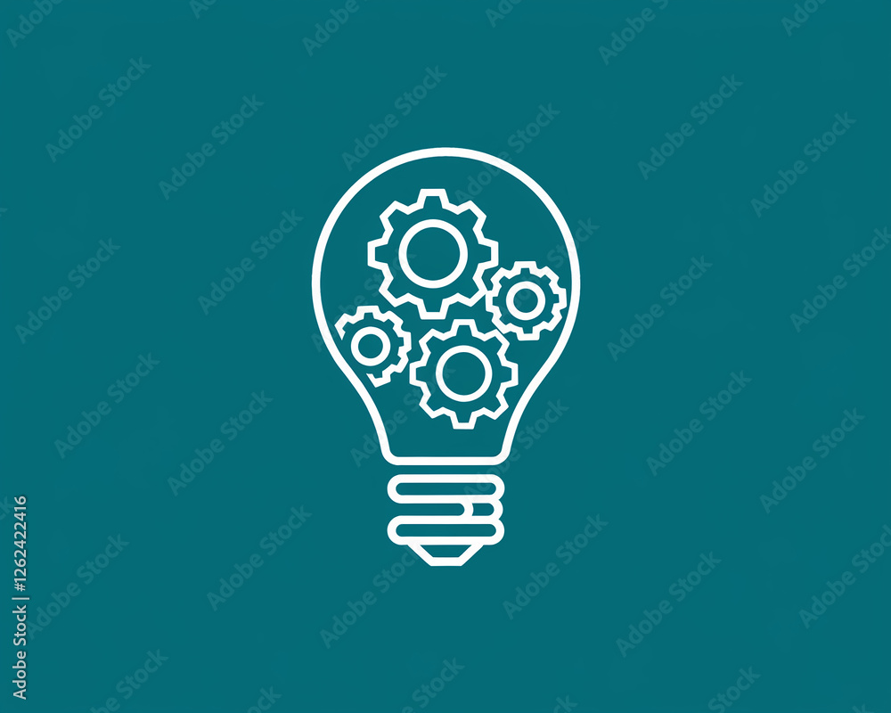 Poster stylized lightbulb illustration with gears symbolizing innovation, creativity, and idea generation, 