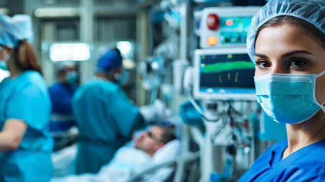 A young female healthcare professional wearing a surgical mask and cap, standing in a high-tech hospital setting. In the background, medical staff attend to a patient in critical care, with monitors 