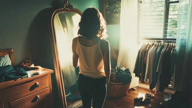 A young woman stands in a warmly lit bedroom, gazing at her reflection in an antique mirror. Sunlight streams through the window, casting a nostalgic and introspective mood. The cozy and slightly 
