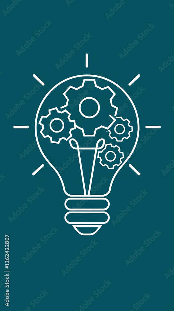 Poster clean and modern design featuring a lightbulb with gears, symbolizing innovation, creativity, and pr