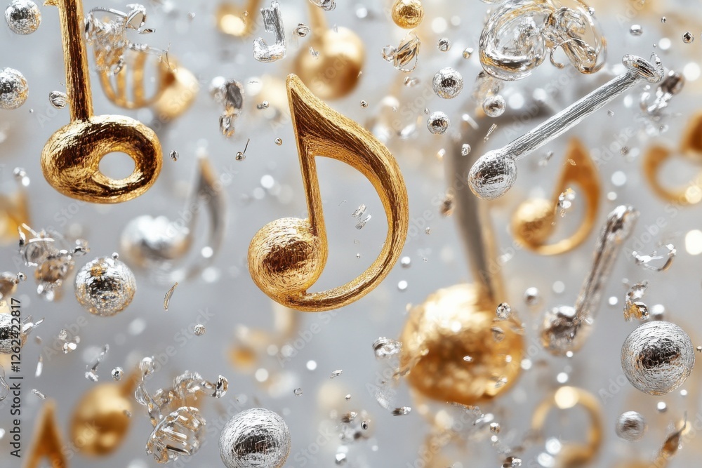 Poster Vibrant musical notes and shimmering bubbles create a lively atmosphere in this dynamic abstract composition