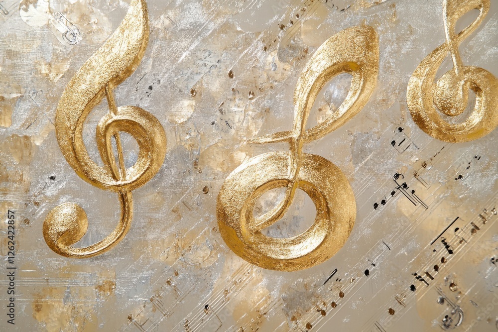 Poster Musical notes in golden hues adorn a textured background of sheet music and subtle patterns